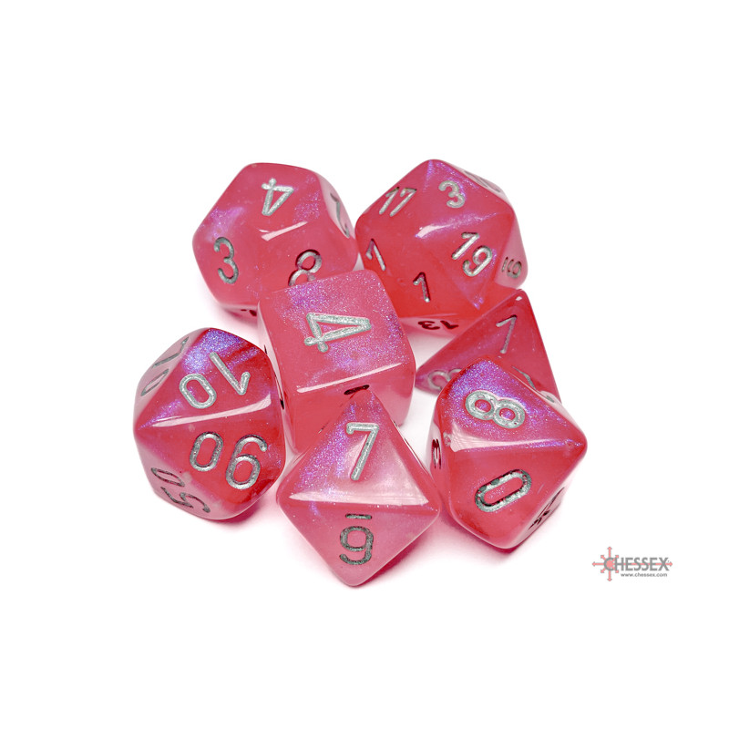 SET DE 7 DADOS BOREALIS ROSADO C/ PLATA LUMINOSO
